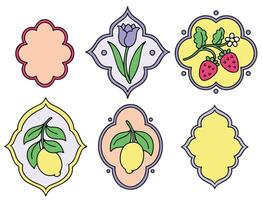 Set of frames of different shapes with flowers, berries and lemons. Graphics, cartoon vector