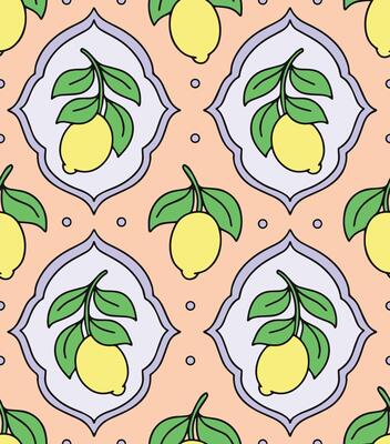 Seamless pattern with lemons in different frame shapes. Retro print, cartoon