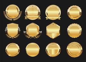Collection of golden badges and emblems labels laurels and ribbons vector