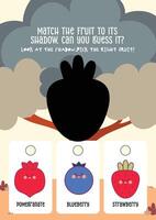 Cute and colorful worksheet where kids guess the correct fruit from its shadow to support early education vector