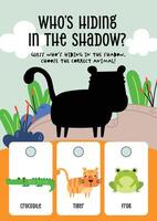 Printable kawaii worksheet with a shadow matching game to help kids learn swamp animals in a fun and educational way vector