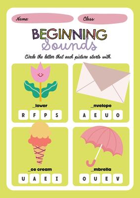 Engaging printable phonics worksheet in cute kawaii style where kids circle beginning letters of colorful illustrated objects