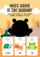 Swamp animal identification game in a kawaii shadow match worksheet for kids to enjoy early nature learning vector