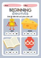 Cute and colorful printable phonics activity for kids to circle beginning letters of illustrated objects in kawaii theme vector
