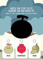 Colorful and cute printable worksheet with fruit shadows for kids to match and learn through fun recognition play vector