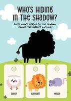 Kawaii printable worksheet for kids with fun animal shadow guessing game to support learning play and visual recognition vector