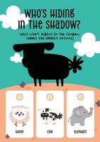 Cute kawaii printable worksheet for kids featuring a fun animal shadow guessing game to support early education and visual recognition skills through learning play. vector