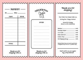 Cute kawaii receipt and thank you note template perfect for small shops or online businesses to leave a friendly message and enhance customer experience. vector