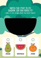 Kawaii themed worksheet for kids to choose the right fruit based on its shadow in a playful educational format vector