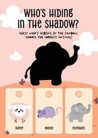 Fun printable worksheet in kawaii style with an animal shadow guessing game for kids to support visual and early learning vector