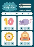 Cute and colorful printable phonics worksheet for kids to write the missing vowels in object names for reading and spelling practice vector