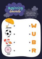 Printable kawaii worksheet for kids with colorful objects to connect to the correct starting letter for interactive phonics practice vector