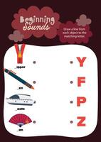 Cute kawaii and colorful printable worksheet for kids to draw lines matching each object to its correct beginning letter for fun and interactive phonics learning. vector