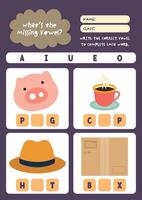 Printable kawaii worksheet with colorful objects for kids to write missing vowels supporting phonics reading and spelling skills vector