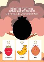 Cute kawaii printable worksheet for kids to guess the correct fruit from its shadow, perfect for fun learning, shape recognition, and early education. vector
