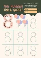 Printable kawaii worksheet for kids featuring number tracing activities for colorful math learning and handwriting development vector