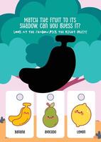 Fruit shadow matching activity for kids in a colorful and cute printable worksheet designed for fun learning vector
