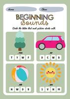 Kawaii phonics worksheet featuring colorful objects for kids to choose the correct beginning letter in a fun printable design vector