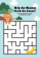 Kids maze worksheet in kawaii style to trace paths from animals to food supporting fun and learning vector