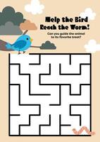 Printable worksheet in kawaii style for kids to follow a maze from animals to food for playful learning vector