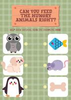 Cute and colorful worksheet for kids with line matching activity to connect animals to the right food for educational practice vector