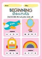 Cute kawaii and colorful printable worksheet for kids to circle the correct beginning letter of each illustrated object for fun and engaging phonics learning. vector