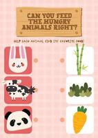Cute kawaii printable worksheet for kids to match animals with their correct food by drawing lines, fun educational activity for learning and recognition skills. vector