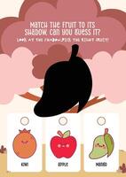 Fun kawaii worksheet for kids with fruit shadow guessing activity to build shape recognition and learning skills vector