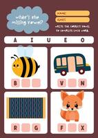 Colorful and cute kawaii worksheet for kids to fill in missing vowels in object names a fun printable for phonics reading and spelling vector