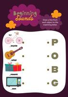 Kids phonics worksheet in kawaii style with colorful images to circle the starting letter of each object for engaging learning vector