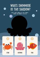 Fun printable kawaii worksheet for kids with shadow matching activity of sea animals for recognition and ocean learning vector