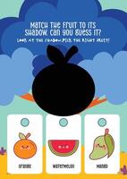 Educational kawaii worksheet for kids to guess fruits from shadows to enhance recognition and playful learning vector