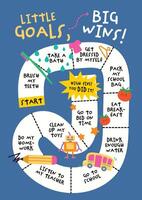 Adorable kawaii daily task journal for kids with simple routines like brush your teeth and do homework, designed to build good habits with fun visuals. vector