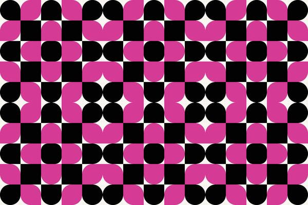 Abstract wallpaper with bold vivid pink shapes on a black background forming artistic graphics, perfect for digital design, posters, or modern backdrops.