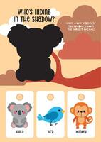 Kawaii worksheet for kids with fun shadow matching activity featuring tree animals to support early learning and visual recognition vector