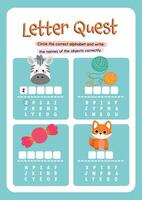 Cute and colorful kids worksheet in kawaii style where they circle and write names of objects to learn vocabulary and writing vector