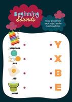 Printable kawaii worksheet for kids with colorful images to identify beginning letters for engaging and fun phonics learning vector