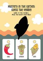 Cute kawaii printable worksheet for kids to guess the correct vegetable from its shadow, designed for fun learning and visual recognition in early education. vector