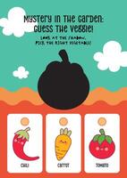 Cute and colorful worksheet where kids guess the correct vegetable from its shadow for early education vector
