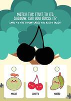 Fun fruit shadow guessing activity in a kawaii printable worksheet perfect for kids early learning and visual practice vector