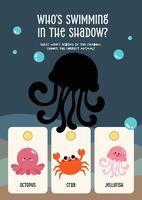 Cute kawaii worksheet for kids featuring a fun shadow matching activity with sea animals to support early learning, recognition, and marine life knowledge. vector
