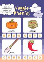 Fun phonics worksheet with vegetable illustrations for kids perfect for colorful learning activities at home or classroom use vector