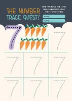 Kawaii style number tracing worksheet for kids in a fun and colorful printable format to build math and handwriting skills vector