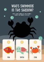Kawaii worksheet for kids with fun sea animal shadow matching activity to support early learning and recognition skills vector
