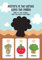 Kawaii themed worksheet for kids to select the right vegetable from its shadow for playful education vector