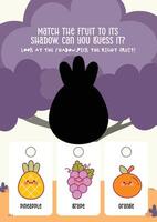 Shadow guessing worksheet with cute kawaii fruits for kids to support shape recognition and fun early learning vector
