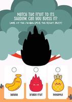 Kids worksheet in cute kawaii design for shadow matching with fruits to build early shape and recognition skills vector