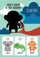 Fun animal shadow matching worksheet in kawaii style with tree animals to help kids build visual recognition and learning skills vector