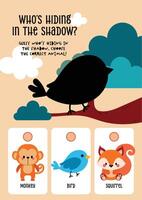 Printable kawaii worksheet for kids featuring animals in trees with a shadow match activity for early visual recognition vector