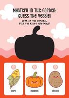Fun kawaii worksheet with vegetable shadow guessing activity to support visual recognition and learning vector